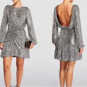 NWT Maje Wrap effect Sequined Stretch tulle Mini Dress Silver Sparkle Sz 40